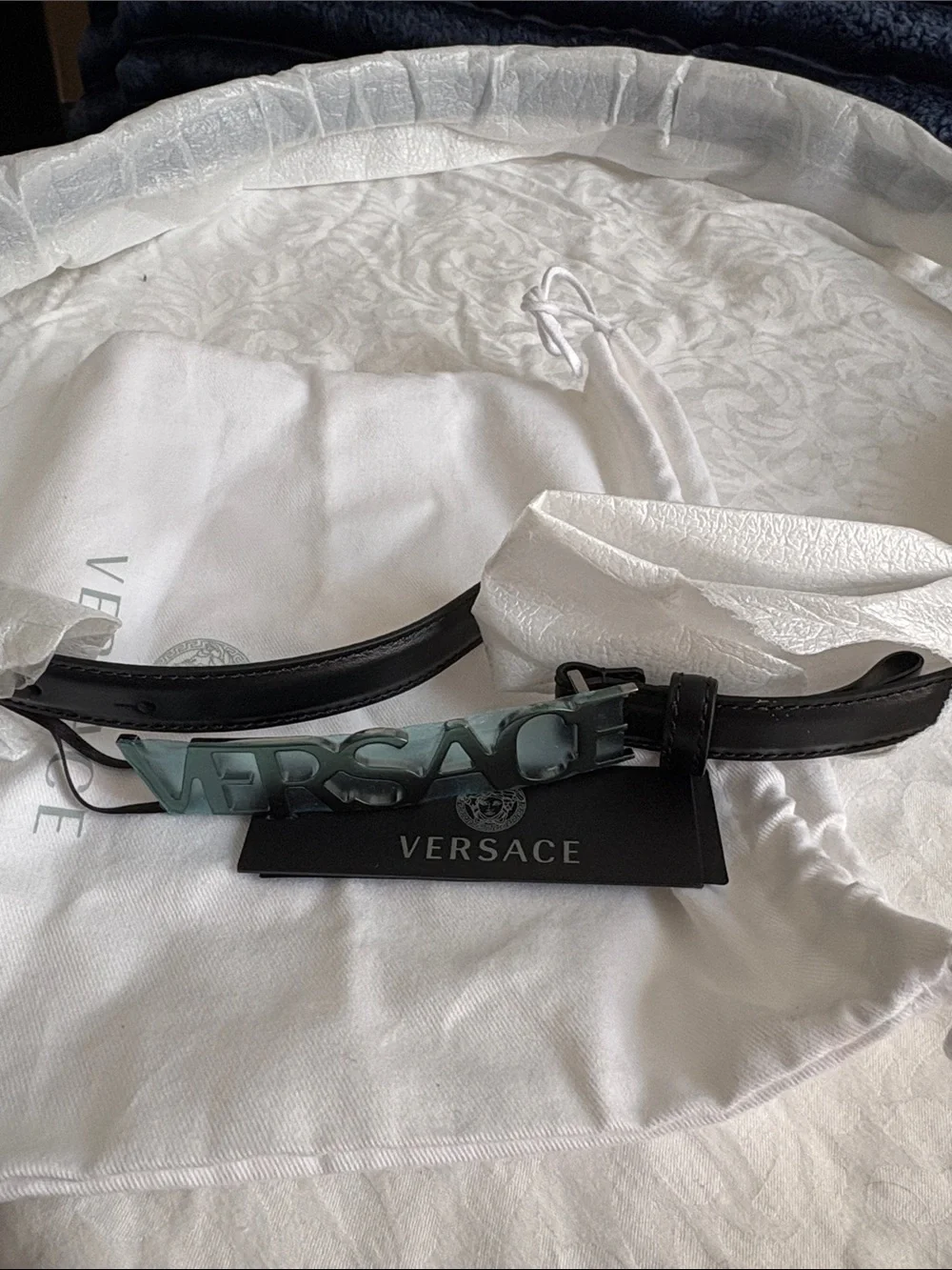 Versace Black Leather Belt with Translucent Logo Plaque